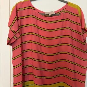 LOFT Pink Striped Short Sleeve Blouse with Yellow Accents